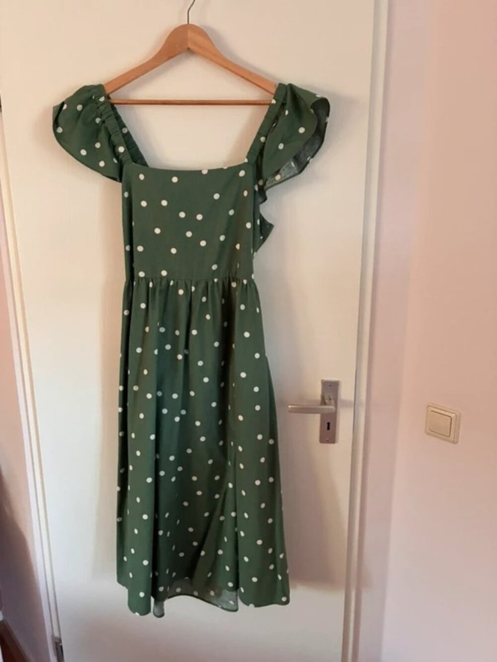Sezane Polka Dot Midi Dress Dark Green Cream US 8